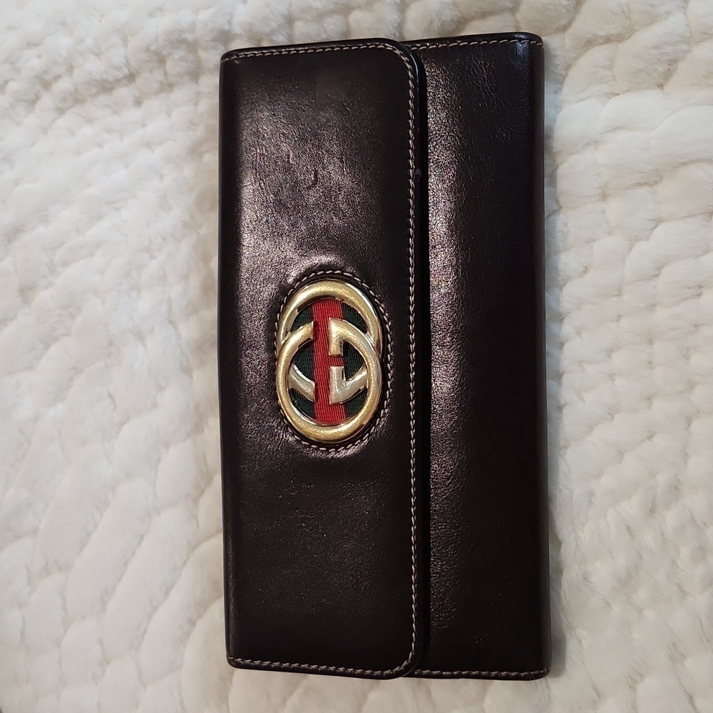 Gucci Black Leather Continental Wallet with Red and Gold Logo